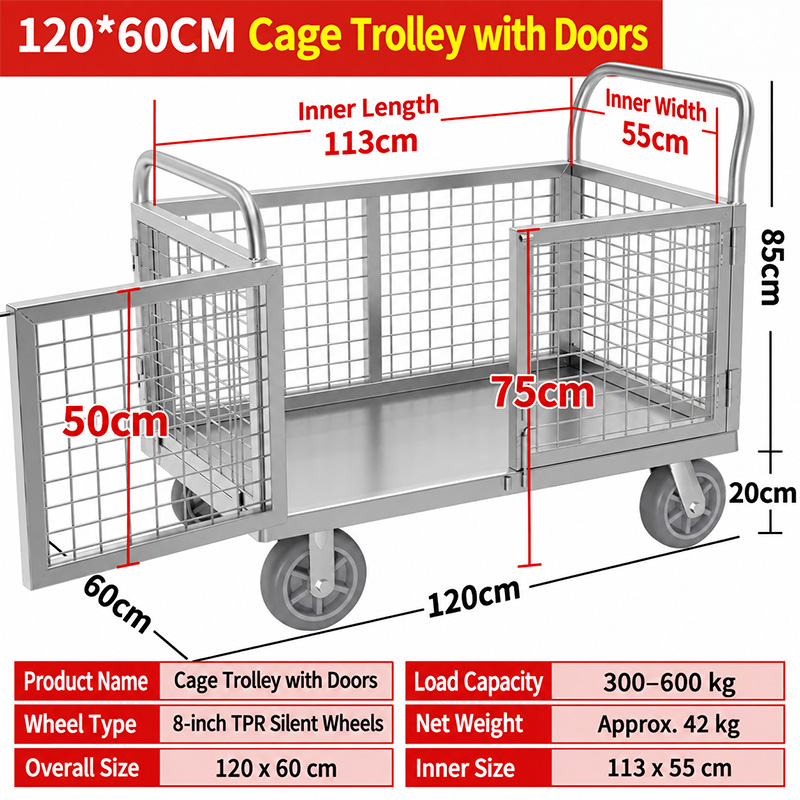 120 x 60 cm Double-Door Cage Trolley with 6-inch silent TPR casters