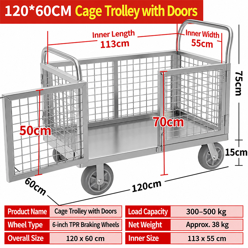 120 x 60 cm Double-Door Cage Trolley with 6-inch silent TPR casters