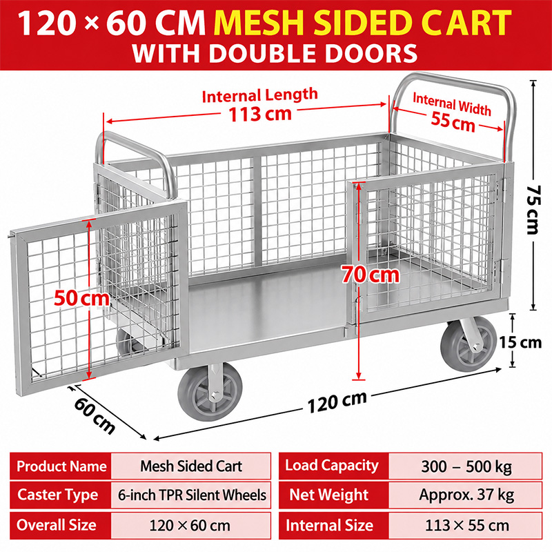 120 x 60 cm Double-Door Cage Trolley with 6-inch silent TPR casters