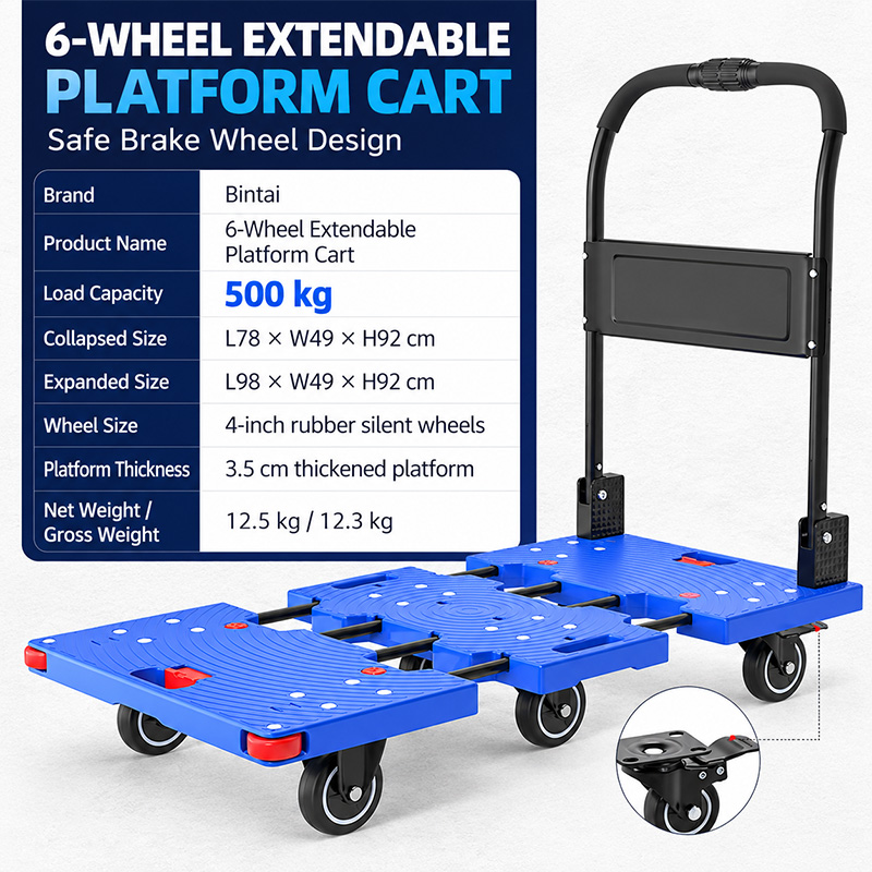 Heavy-Duty Telescopic Six-Wheel Platform Trolley with Brake Casters