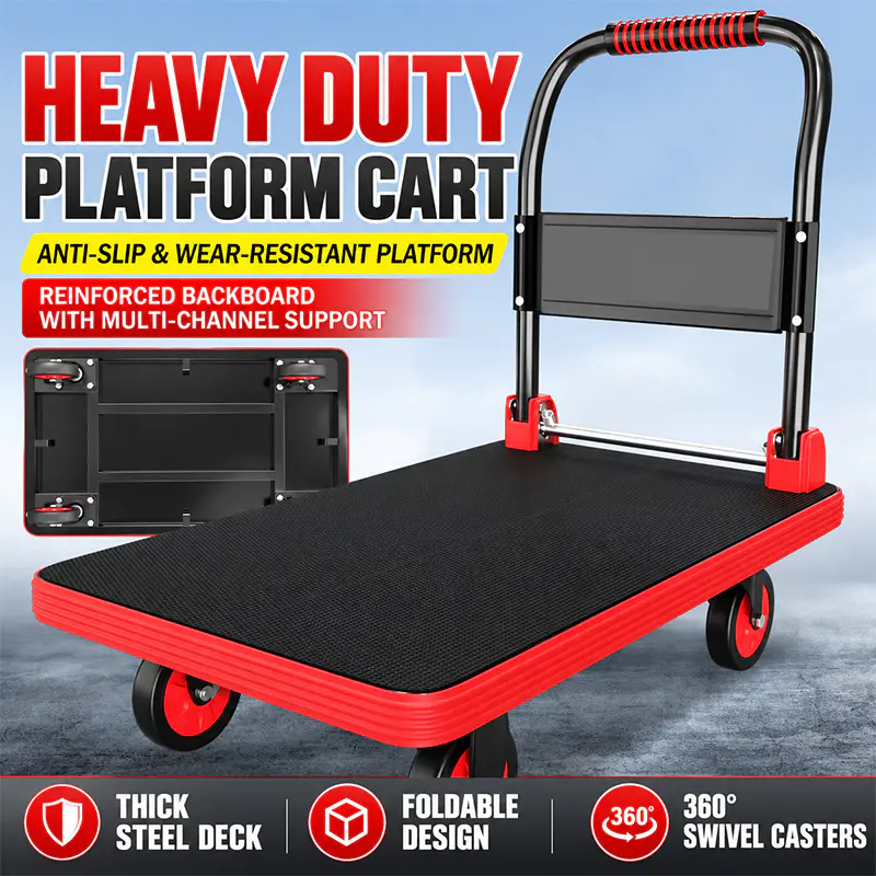 Steel-Frame Reinforced Red Platform Trolley
